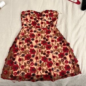 Minuet red floral strapless dress